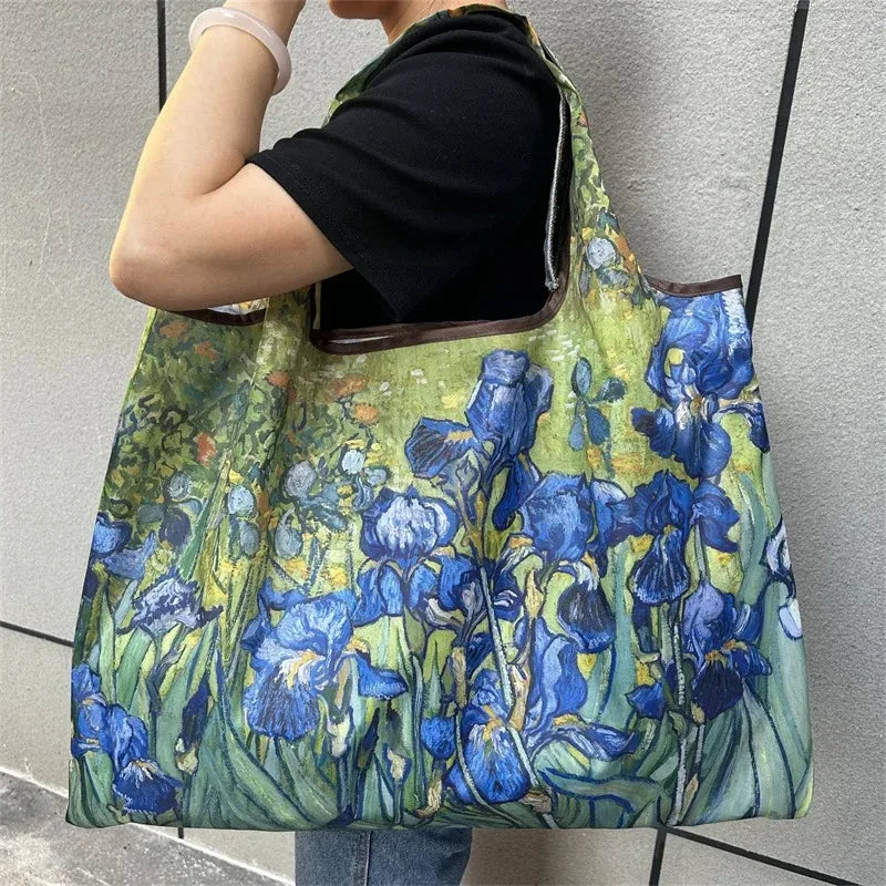 Flower Oil Painting Foldable Reusable Shopping Bag – Large Capacity Portable Shoulder Tote for Travel, Grocery & Beach Storage Handbag