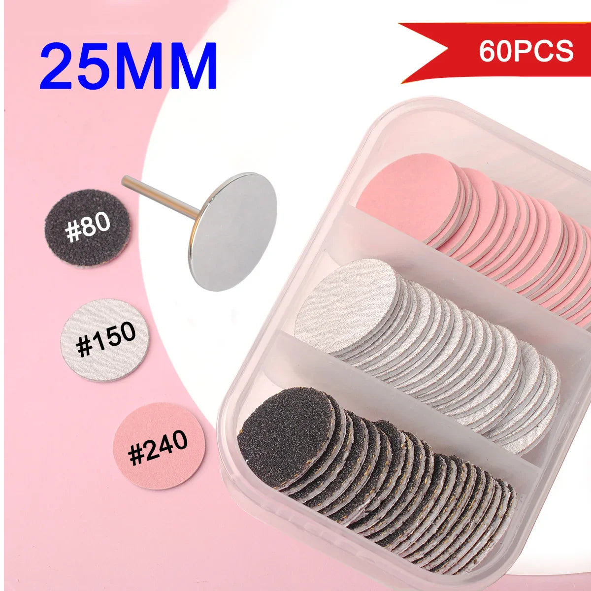 60-Piece Replaceable Sanding Paper Set – 25mm Pink Pedicure Nail Bit with Metal Disk for Foot Care