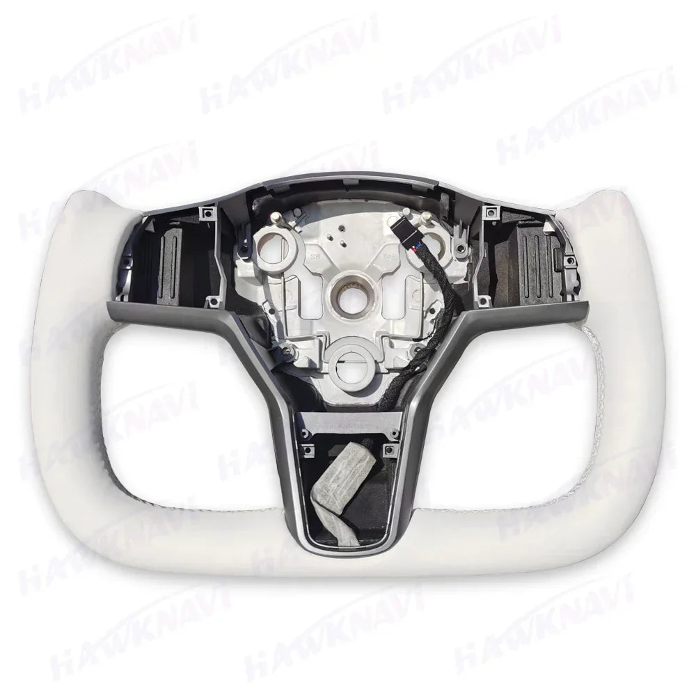 Hawknavi 350mm Yoke Steering Wheel – Leather Racing Style for Tesla Model 3 & Model Y, Heated Optional, White & Black