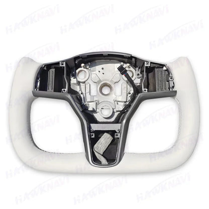 Hawknavi 350mm Yoke Steering Wheel – Leather Racing Style for Tesla Model 3 & Model Y, Heated Optional, White & Black