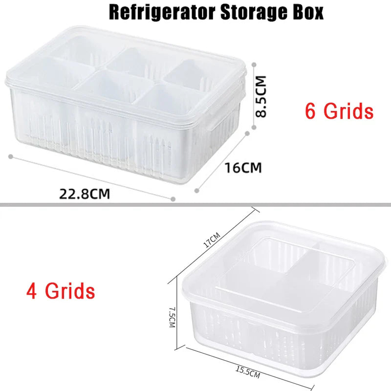 Refrigerator Storage Box – 4/6 Grid Clear Crisper for Fruits, Vegetables & Meat