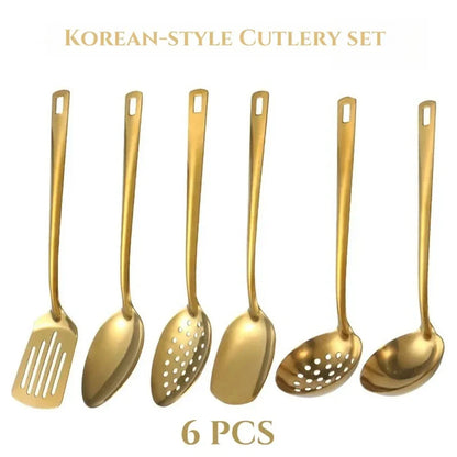 6PCS Hot Pot Cutlery Set – Stainless Steel Golden Spoons & Strainer Kitchenware