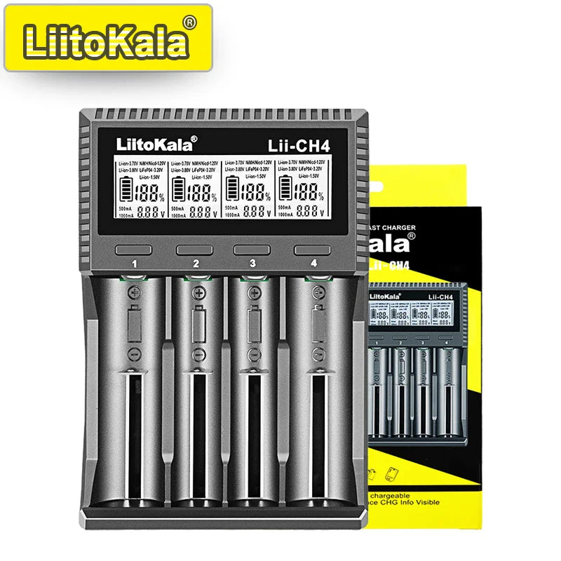 LiitoKala Lii-CH4 Smart Battery Charger – 4-Slot Fast USB-C Charging for 18650/21700/26650/AA/AAA Ni-MH & Li-Ion with Auto Detect