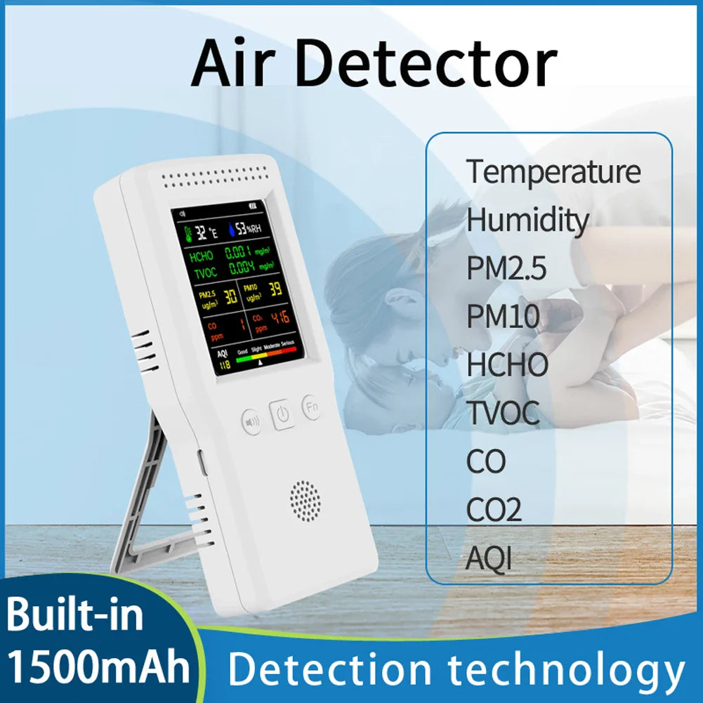 9-in-1 Air Quality Detector – Digital LCD Monitor for PM2.5, PM10, HCHO, TVOC, CO, CO2, AQI, Temperature, and Humidity
