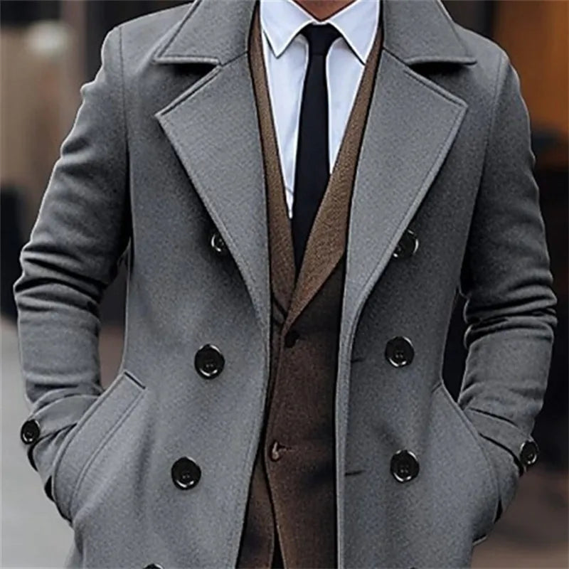 Men’s Autumn Winter Wool Coat – Double-Breasted Long Trench, Business Casual England-Style Wool Blend Jacket
