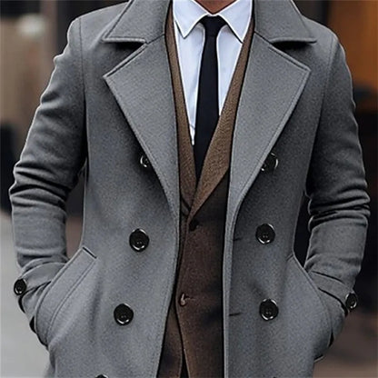 Men’s Autumn Winter Wool Coat – Double-Breasted Long Trench, Business Casual England-Style Wool Blend Jacket
