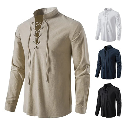 New Men's Casual Cotton Linen Shirt: Long Sleeve Tee with Slanted Placket - Spring Autumn Vintage Yoga Tops