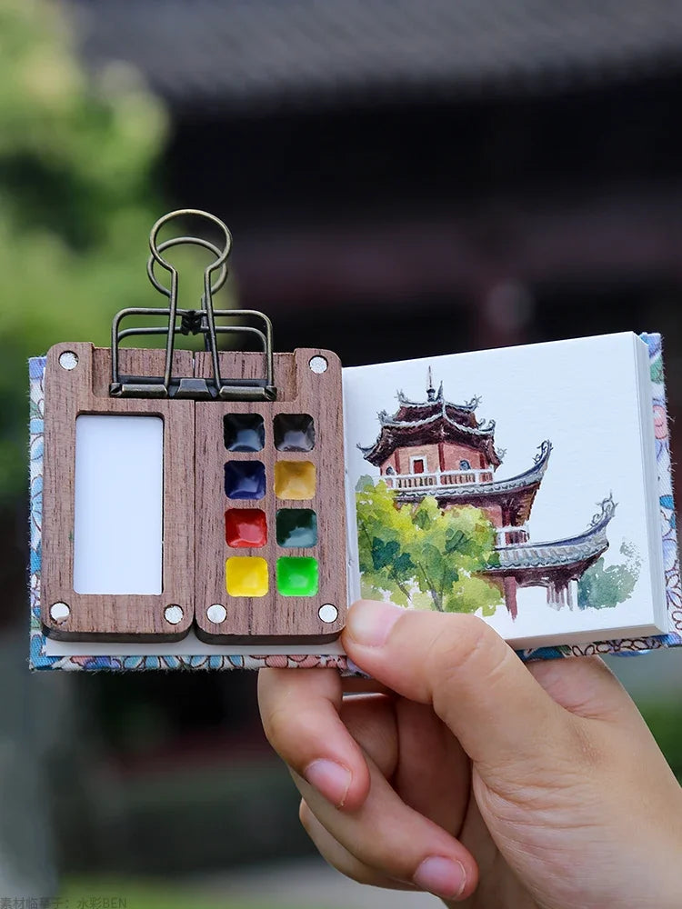 Portable Travel Wooden Handmade 8-Grid 0.5ml Watercolor Paint Palette: Mini Black Walnut Oil Paints Tray Box - Empty Box