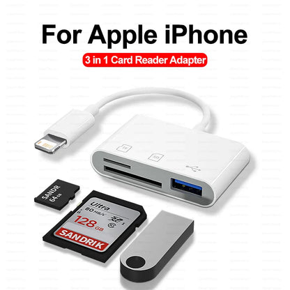 3-in-1 SD/TF Card Reader - For Apple iPhone 14/13/12/11 Pro Max, XR, XS, USB-C Camera Converter, iPad, Android, Laptop OTG Adapter