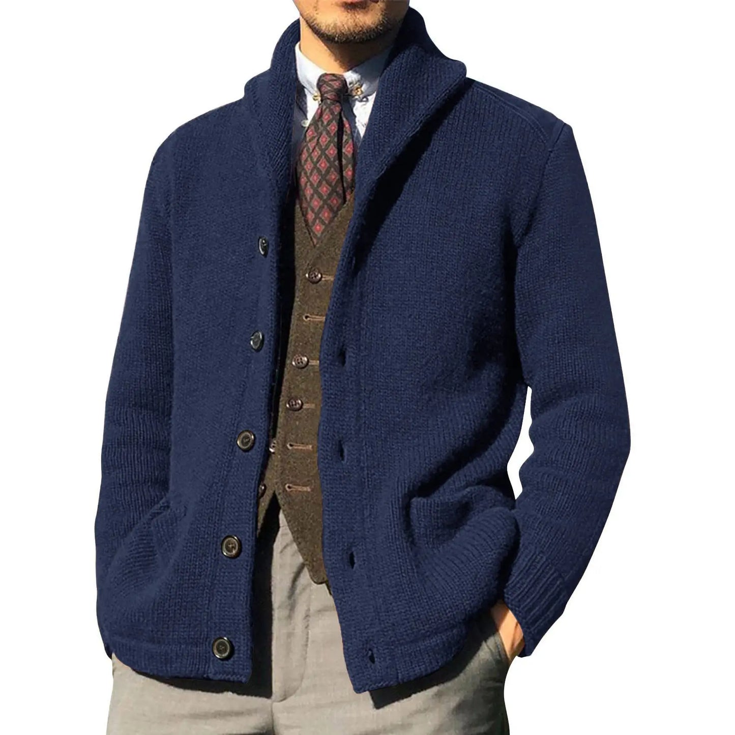Men's Luxury Knit Cardigan Sweater - Thick Warm Autumn/Winter Solid Color Coat Top