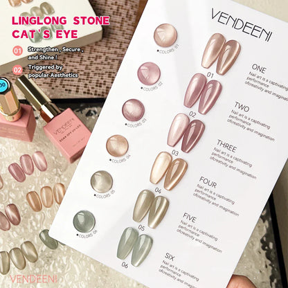 Vendeeni 6-Color Magnetic Cat Eye Gel Nail Polish Set – Pink UV LED Soak-Off Gel with Crystal Effect & Display