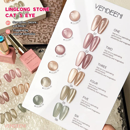 Vendeeni 6-Color Magnetic Cat Eye Gel Nail Polish Set – Pink UV LED Soak-Off Gel with Crystal Effect & Display