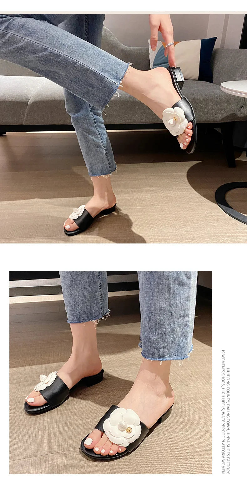 Luxury Women’s Flower Slippers — Camellia Open-Toe Slides for Home & Outdoor, Ladies Flip Flop Sandals