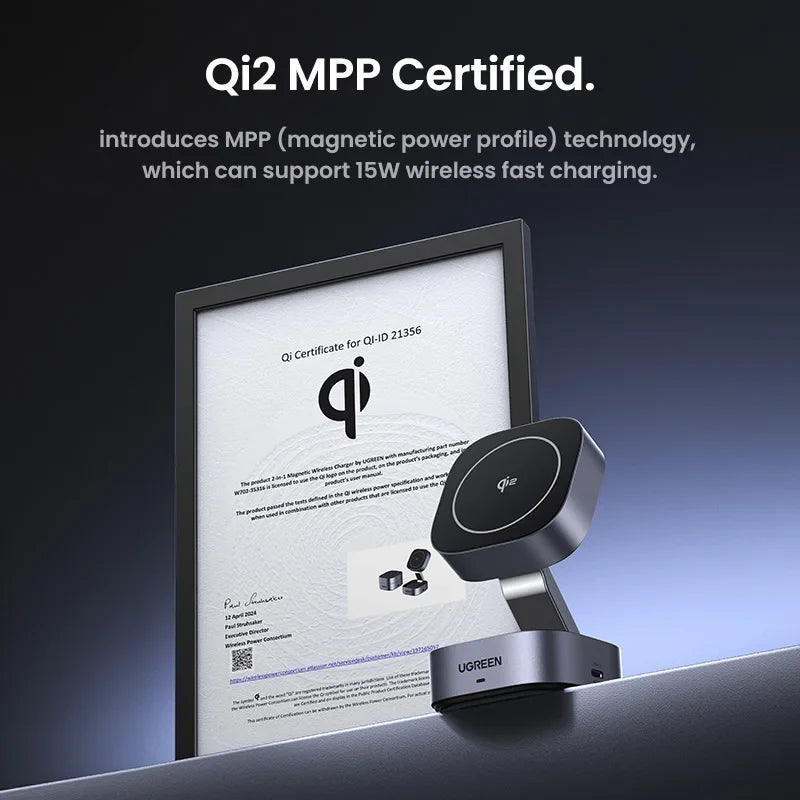 UGREEN Qi2 25W Magnetic Wireless Charger Stand - 2-in-1 Fast Charging Station for iPhone 15/16 Pro Max, AirPods, Compatible with MagSafe