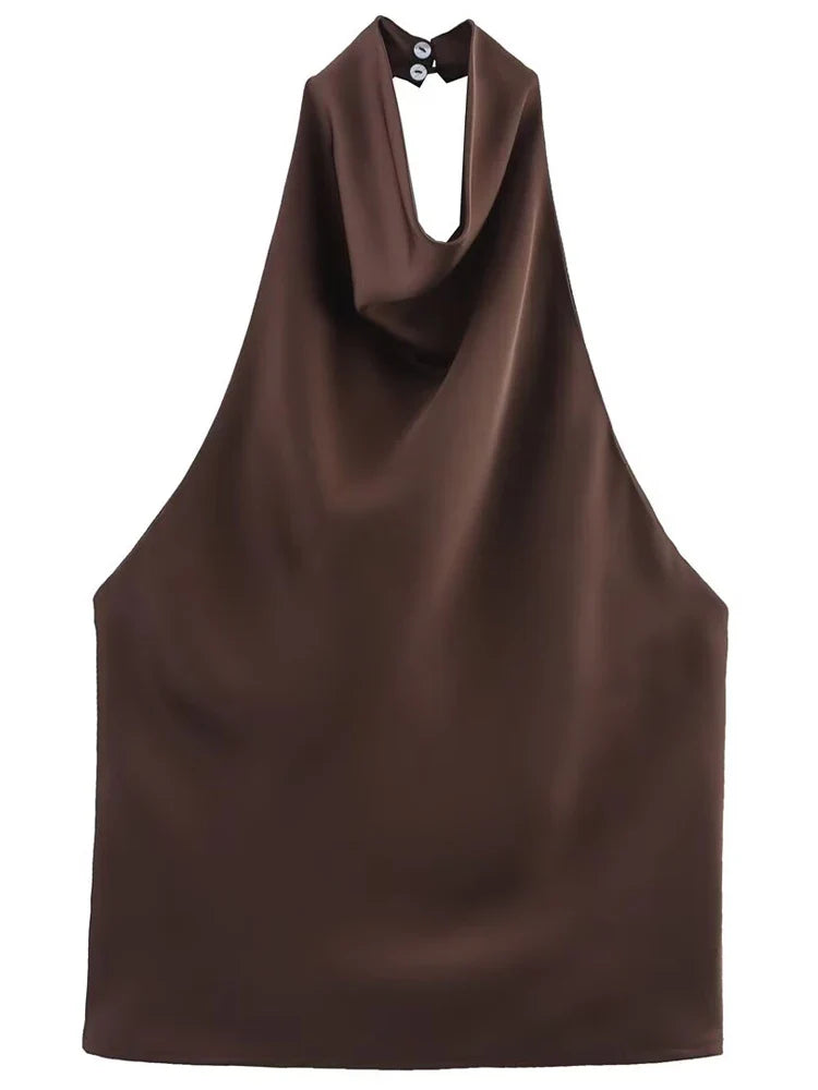 Women's Satin Halter Corset Top – Backless Elegant Sexy Summer Tank Vest in Yellow Pink Black