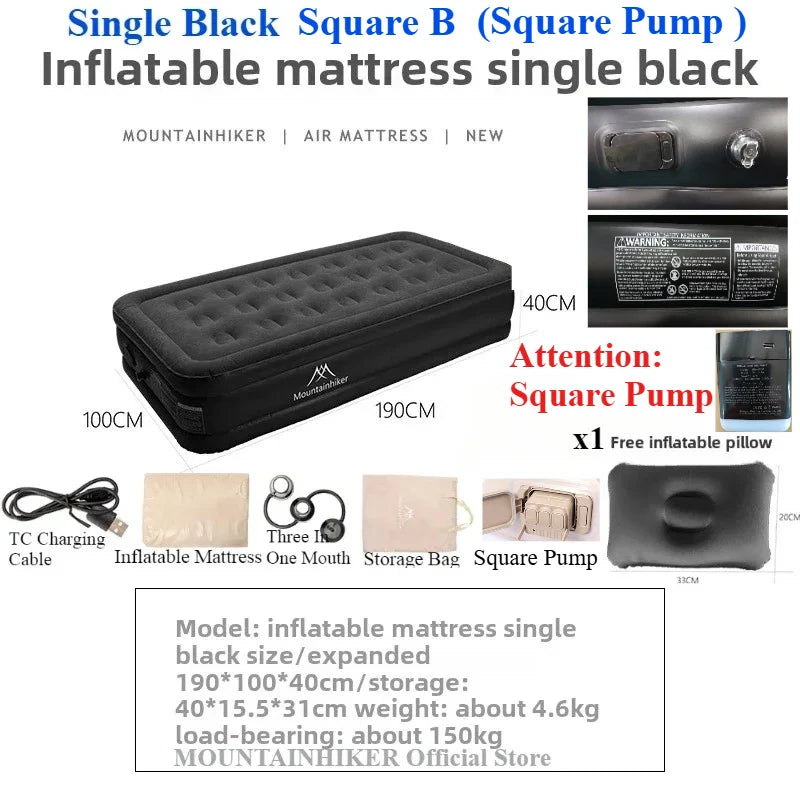 MOUNTAINHIKER 2025 Inflatable Air Mattress – PVC Camping Bed Mat for 1-3 Persons, Built-in Pump Glamping Sleeping Mat