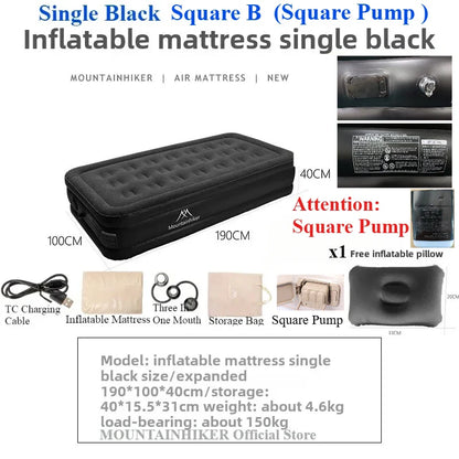 MOUNTAINHIKER 2025 Inflatable Air Mattress – PVC Camping Bed Mat for 1-3 Persons, Built-in Pump Glamping Sleeping Mat