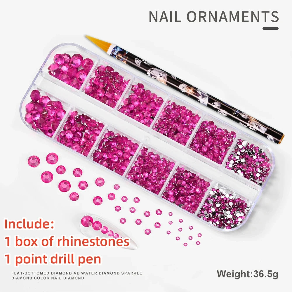 12-Grid 3D Glass AB Crystal Nail Art Rhinestones Kit – Flatback Round Beads with Tools for Nail Jewelry & Diamond Decoration