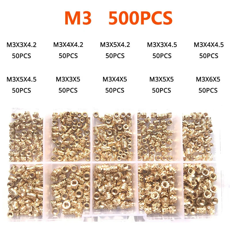 Brass Insert Nut Set M2–M6 – Knurled Hot Melt Threaded Copper Nuts for 3D Printing & Injection Molding