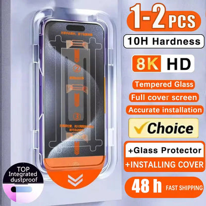8K HD Tempered Glass Screen Protector for iPhone 16 Pro Max, 11, 12, 13, 14, SE (2020/2022) – Auto Dust Removal, 1-2pcs