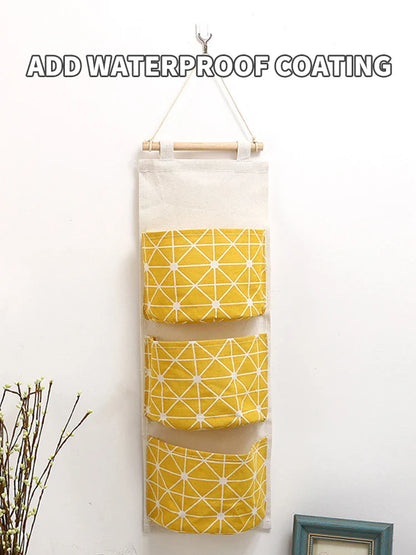Three-Pocket Hanging Wall Storage Bag – Cotton Linen Organizer for Bedroom, Living Room & Kitchen