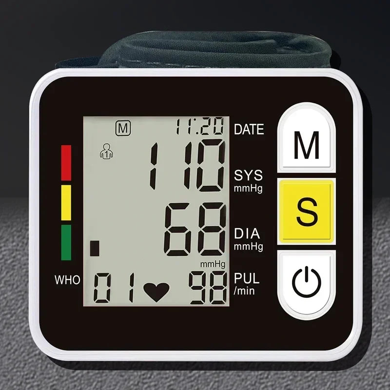 Portable Digital Wrist Blood Pressure Monitor – LCD Screen Sphygmomanometer with Heart Rate & Pulse Measurement