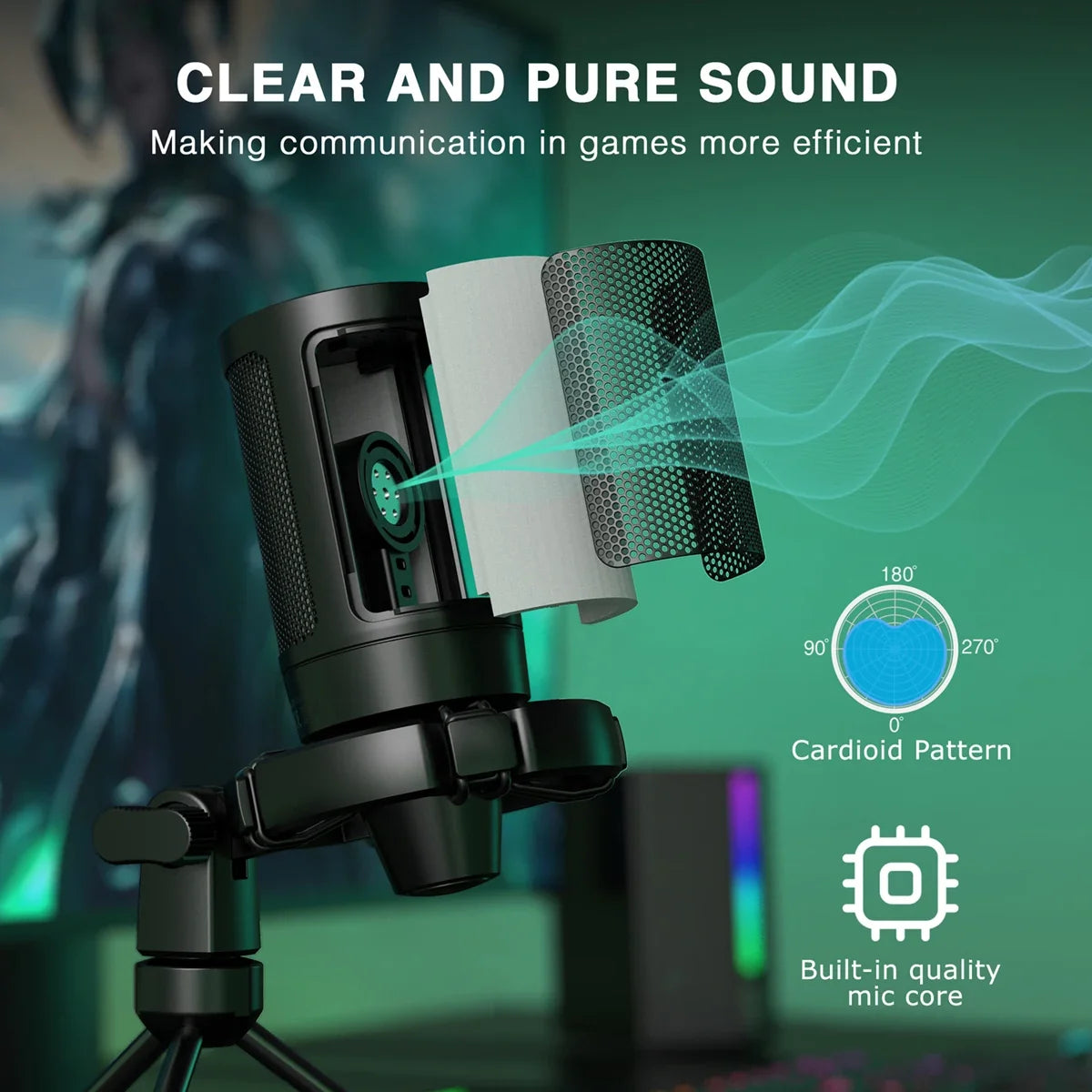 FIFINE AmpliGame RGB Gaming Microphone - USB Condenser Mic with Touch Mute & Tripod for PC, PS4/PS5, Laptop Streaming