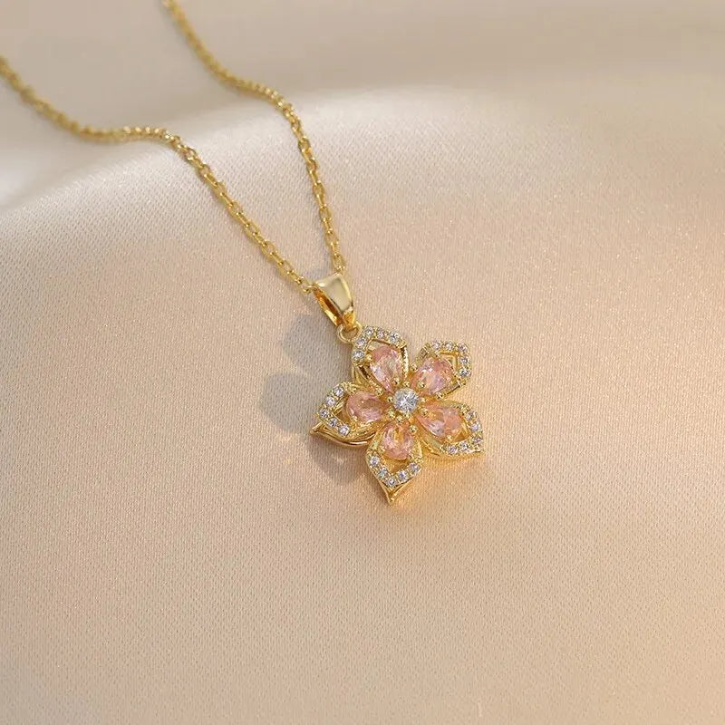 Light Luxury Gold Zircon Flower Pendant Necklace for Women – Elegant Spin Design High-End Party Jewelry Gift Chain Necklace