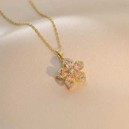 Light Luxury Gold Zircon Flower Pendant Necklace for Women – Elegant Spin Design High-End Party Jewelry Gift Chain Necklace