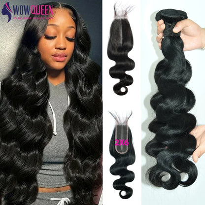 Body Wave Bundles with Closure – 2x6 Brazilian Hair Weave, 3/4 Bundles with Lace Closure, Natural Human Hair