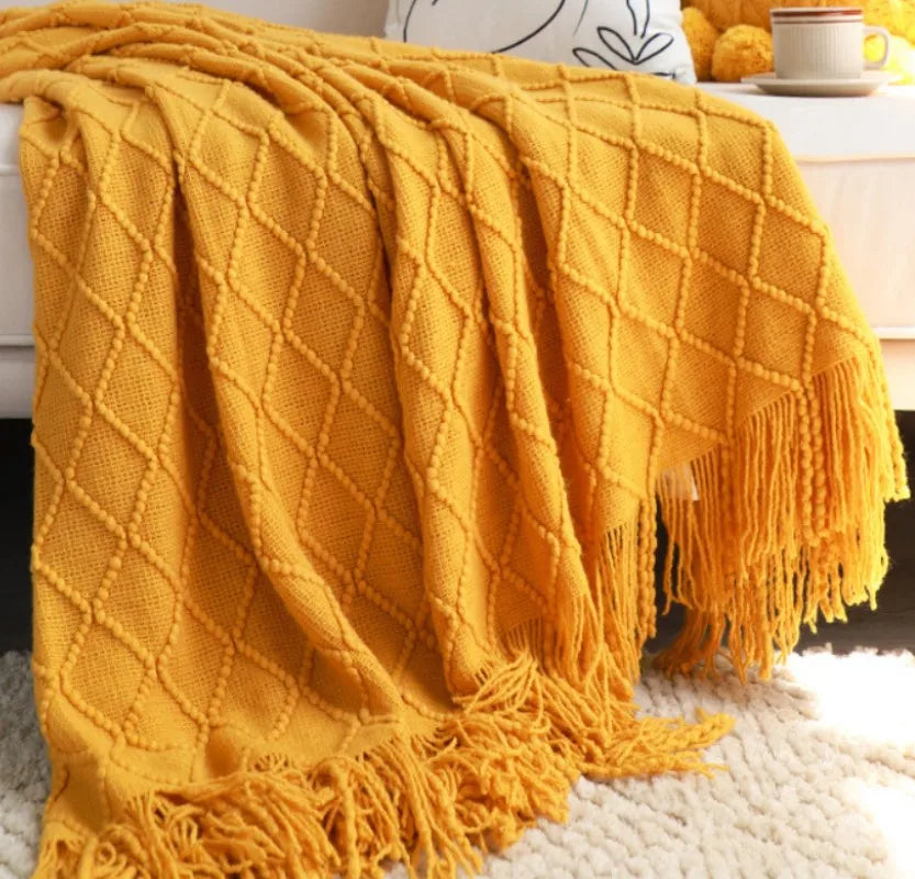 White Boho Throw Blanket – Textured Chunky Knitted Vintage Luxury Bedspread, Sofa Cover Manta Para Sofá