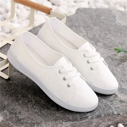 Lady Classic Round Toe White Canvas Shoes | Comfortable Lace-Up Street Sneakers for Students