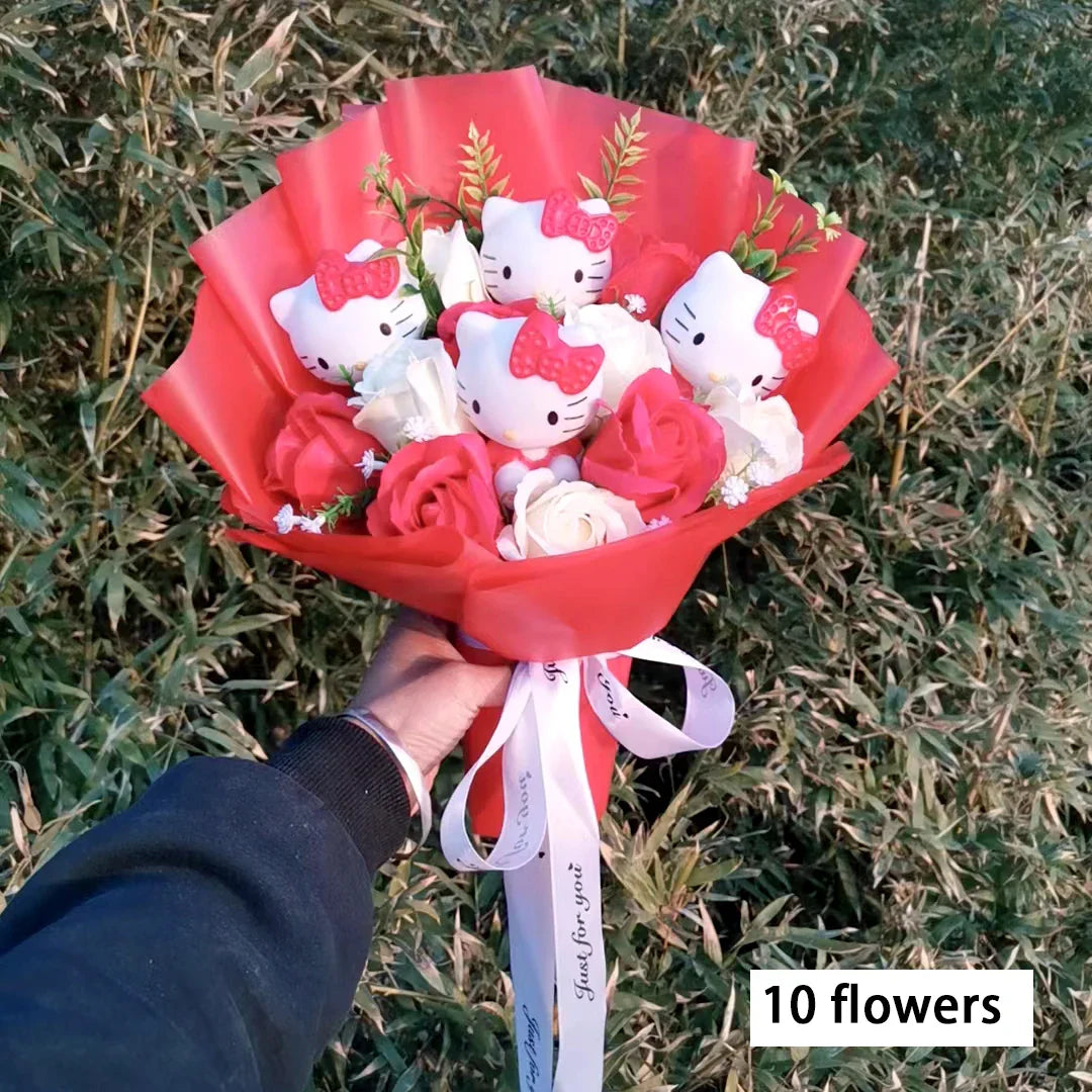 Hello Kitty Plush Bouquet — Anime Rose Soap Flowers for Wedding & Home Decor