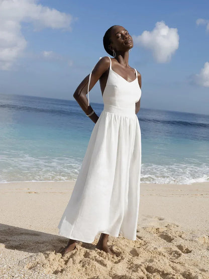 Bornladies Women’s Summer Beach A-Line Sling Dress – Vintage Loose V-Neck 100% Cotton Casual Sexy Hot Girl Style