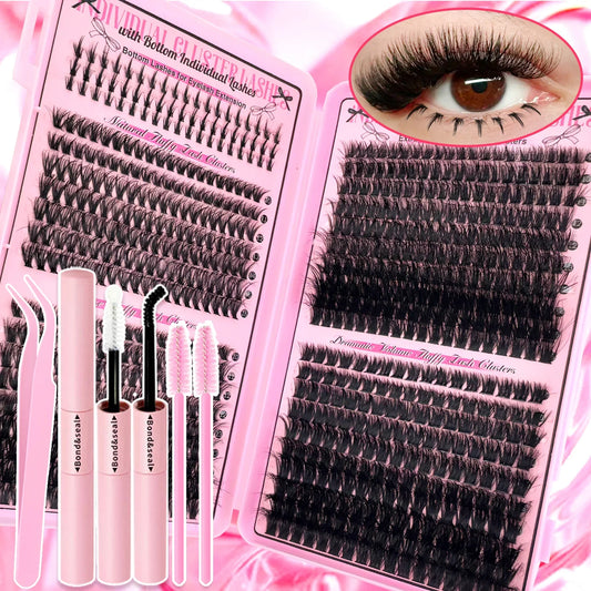 Top & Bottom Lash Extension Kit – 250/740 Cluster Fluffy Volume Mix Lengths DIY Eyelash Set for Bold Bombshell & Natural Lash Looks
