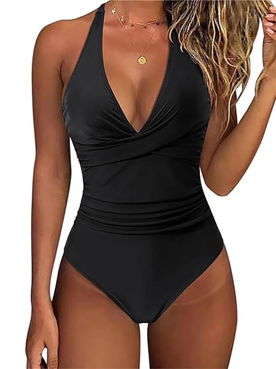 Women’s Wrinkled Halter V-Neck One-Piece Swimsuit – Backless Monokini Bathing Suit, Swim Beachwear Bodysuit S-XXL