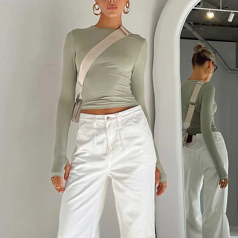 Women’s Long Sleeve Slim Fit Crop Top T-Shirt – Crew Neck Solid Color Thumb Hole Streetwear Summer Camisole Top
