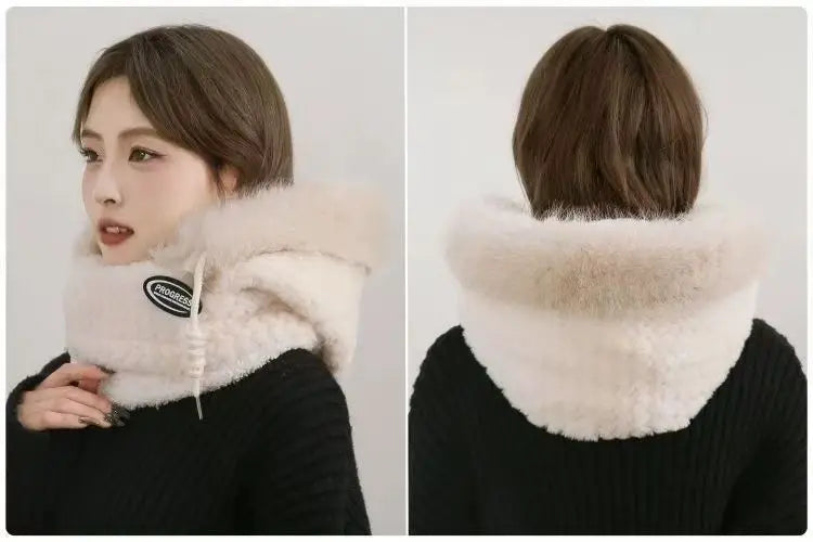 Women’s Winter Plush Hat with Hood & Scarf – Warm Thick Windproof Thermal Cap with Ear Protection for Outdoor Cycling & Riding