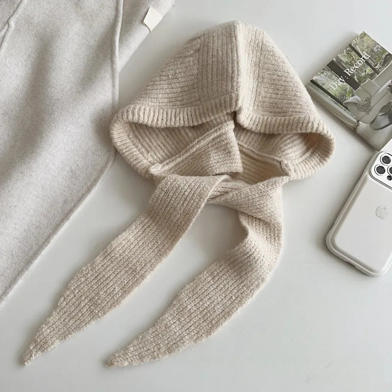 Women’s Warm Hooded Knitted Hat – Autumn Winter Ear Protection Balaclava, Versatile Windproof Ski Beanie with Scarf