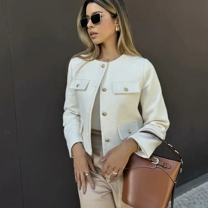 TRAF Women's Autumn Outerwear – Long Sleeve Cropped Jacket, Winter Button Demi-Season Short Coat, Elegant Women’s Coat