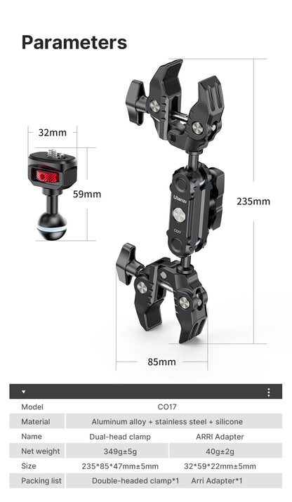 Ulanzi CO17 Super Clamp with 360° Dual-Head Magic Arm & Arri Adapter for Panoramic Camera, LED Light, and Umbrella