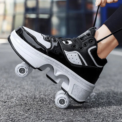 Dual Purpose Roller Skates Shoes - Adjustable Double Row 4-Wheel Deformation Roller Sneakers for Kids & Teens Size 33-44