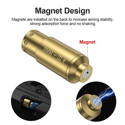 9MM Red Dot Laser Bore Sighter – Brass Optics Cartridge for Pistol & Rifle Scope Hunting with 6 Batteries