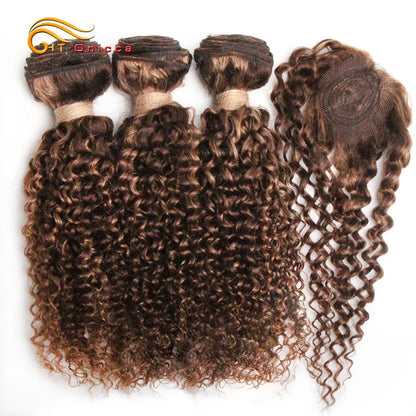 Kinky Curly Human Hair Bundles with Closure – Short Indian Hair Bundles with Circular Closure