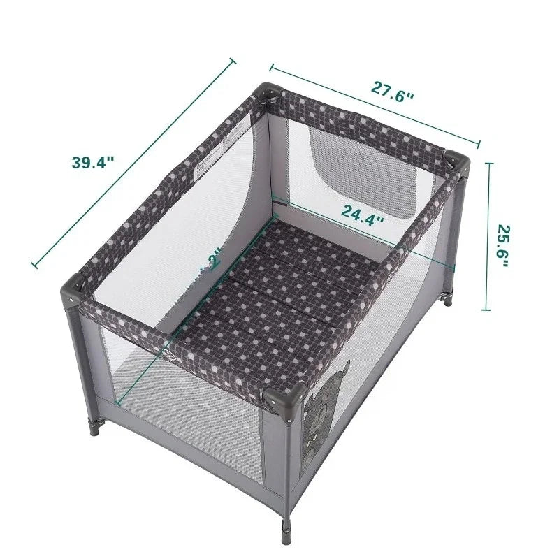 Portable Baby Crib Playpen with Mattress & Carry Bag — Foldable Travel Play Yard, Grey