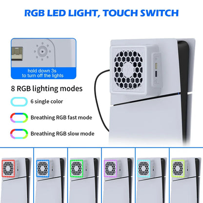 NEW Side-Mounted Cooling Fan for PS5 Slim – LED Light & 2 USB Ports Game Console Cooler Accessory