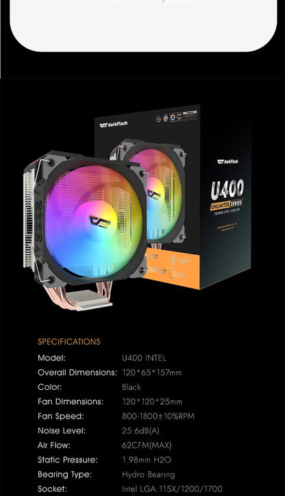 Darkflash U400 ARGB CPU Cooler — 4 Heat Pipe 120mm PWM Air Cooler for Intel LGA 115X/1200/1700 & AMD AM4/AM5