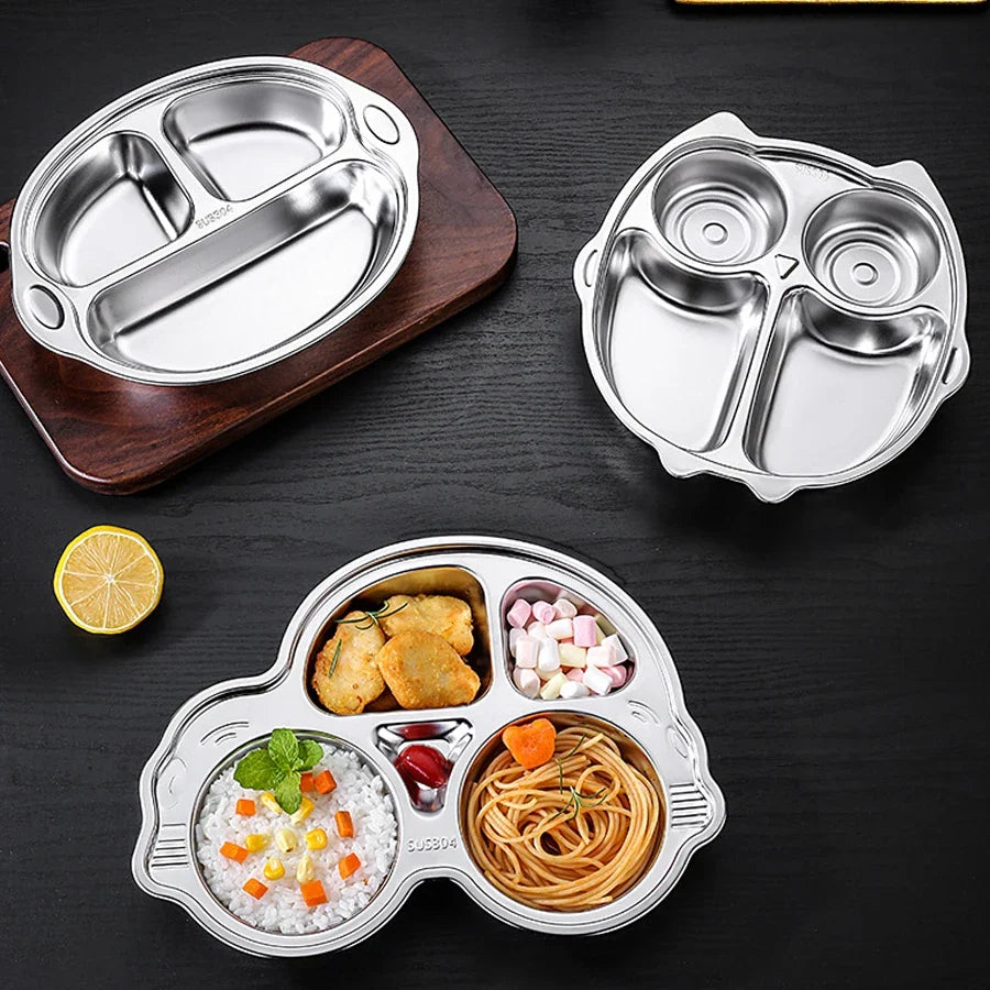 Kids Stainless Steel Dinner Plate - 304 Food Grade Cartoon Divided Plate for Breakfast, Meals, Home & Kindergarten Use