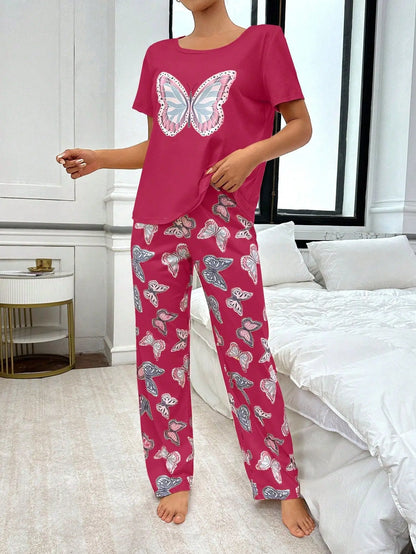 Women's Butterfly Print Pajama Set - 2-Piece Short Sleeve Top and Trousers Sleepwear