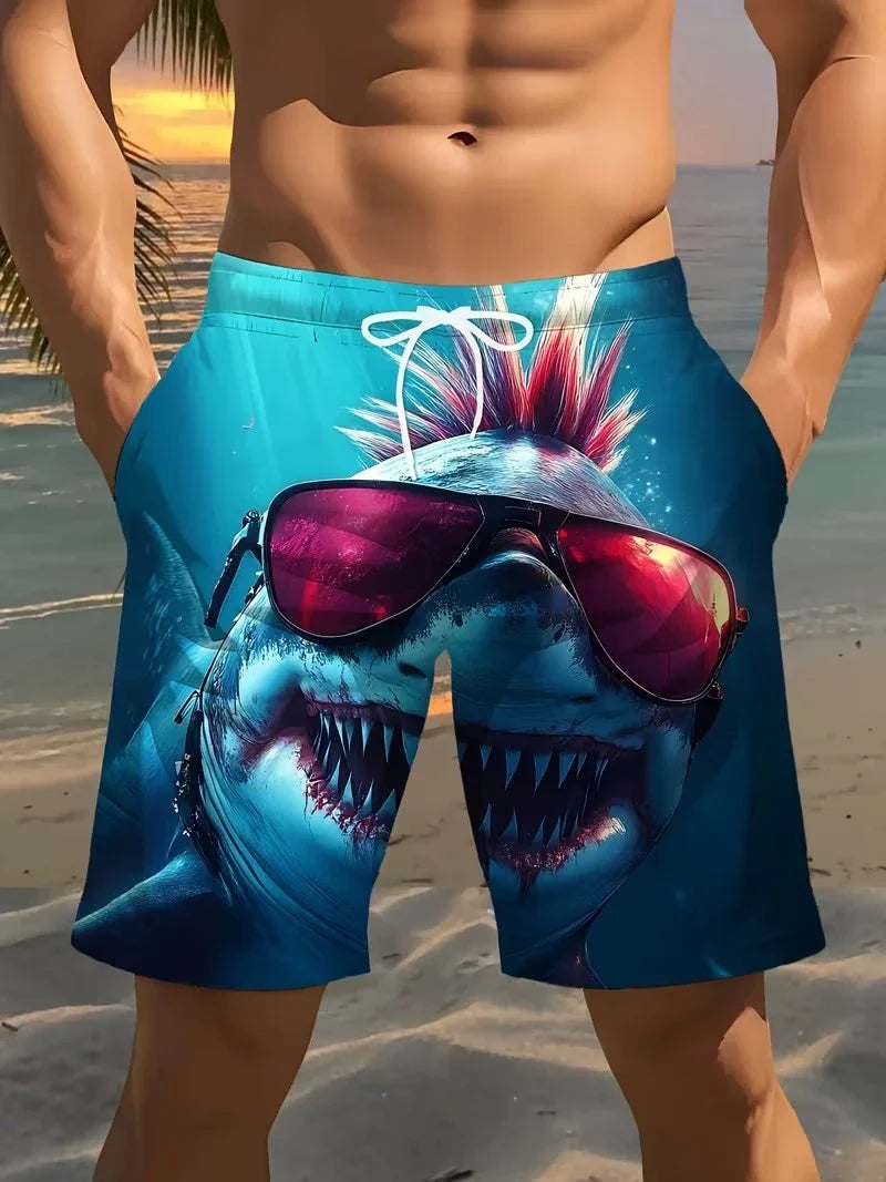 3D Shark Print Swim Shorts - Quick-Dry Drawstring Beach Trunks